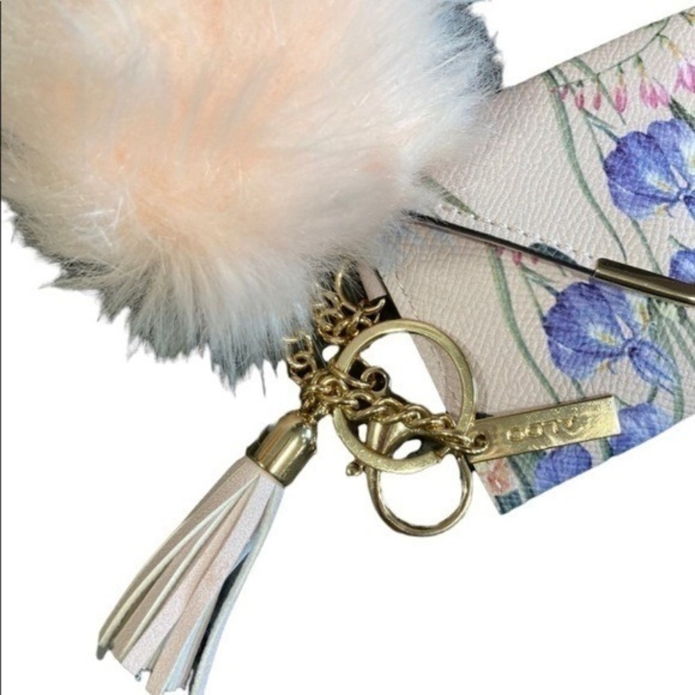 Aldo Floral Envelope Keychain Wallet with Pom Pom and Tassel Cream Gold